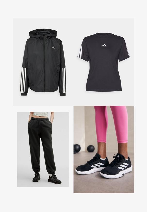 Svart lätt jacka med huva, som har full dragkedja framtill, elastiska ärmslut och vita tre-stripes accenter på ärmarna.; Svart sportt-shirt i mjukt tyg, med rund halsringning, korta ärmar och tre vita ränder på varje axel. Vit logotyp på bröstet.; Svarta träningsbyxor med dragsko i midjan, sidofickor och elastiska mudd. Mjukt tyg med en avslappnad passform, sammanfogat med texturerade svarta sneakers.; Svarta sportskor med vita ränder, texturerat meshupp, och en vit sula. Bärs med rosa leggings, vilket visar träningskläder.