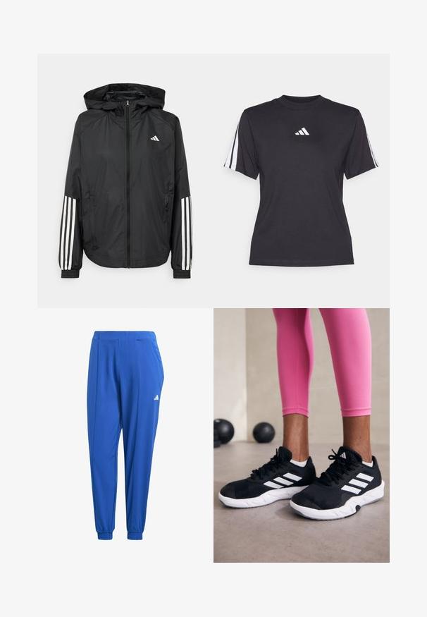 Čierna ľahká bunda s kapucňou, s celoprsným zipsom, elastickými manžetami a bielymi trojprúžkovými akcentmi na rukávoch.; Čierne športové tričko vyrobené z mäkkého materiálu, s klasickým okrúhlym výstrihom, krátkymi rukávmi a tromi bielymi pruhmi na každom ramene. Biely logo na hrudi.; adidas Performance AEROREADY ESSENTIALS MINIMAL BRANDING WOVEN - Tepláky - semi lucid blue; Čierne atletické topánky s bielymi pruhmi, textúrovaný sieťovaný zvršok a biela podrážka. Nosené s ružovými legínami, ukazujúce tréningové oblečenie.