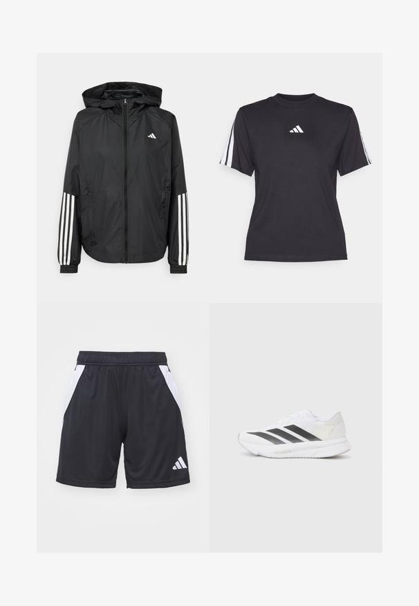 Jachetă ușoară neagră cu glugă, cu fermoar pe întreaga lungime, manșete elastice și accente albe cu trei dungi pe mâneci.; Tricou athletic negru, fabricat dintr-un material moale, cu guler rotund, mâneci scurte și trei dungi albe pe fiecare umăr. Logo alb pe piept.; Pantaloni scurți atletici negri din material sintetic, cu panouri laterale albe și talie elastică. Au un mic logo Adidas în partea dreaptă jos.; Săptămână albă de sport cu dungi diagonale negre, partea superioară din plasă, vârf rotunjit și talpă texturată. Accentele includ un toc argintiu și un design minimalism.