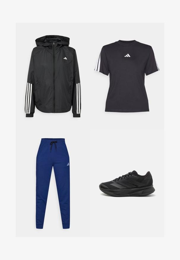 Zwarte lichtgewicht jas met een capuchon, met een volledige ritssluiting aan de voorkant, elastische manchetten en witte accenten met drie strepen op de mouwen.; Zwarte sport T-shirt van zacht materiaal, met een ronde hals, korte mouwen en drie witte strepen op elke schouder. Witte logo op de borst.; Blauwe katoenen joggers met een elastische tailleband, een verstelbare zwarte trekkoord en een klein wit logo op de linker dij. Aansluitend ontwerp.; Zwarte hardloopschoen met een ademende mesh bovenkant, ronde neus, slank ontwerp, textuuraccenten en een gevoerde zool voor comfort.