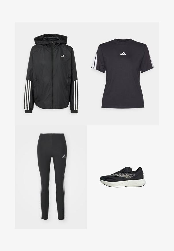 Musta kevyt takki hupparilla, jossa on täysipitkä vetoketju, elastiset hihansuut ja valkoiset kolmonauha-tyyliset yksityiskohdat hihoissa.; Musta urheilu t-paita pehmeästä kankaasta, jossa on pyöreä kaula-aukko, lyhyet hihat ja kolme valkoista raitaa kummallakin olkapäällä. Valkoinen logo rinnassa.; Mustat legginsit, jotka on valmistettu joustavasta materiaalista, valkoisilla sivuraitojen ja pienellä heijastavalla logolla vasemmassa yläkulmassa.; Mustat ja harmaat lenkkarit, joissa on teksturoitu neulepäällinen, valkoinen välipohja "LIGHTSTRIKE"-brändäyksellä sekä pyöristetty varvasmuoto.
