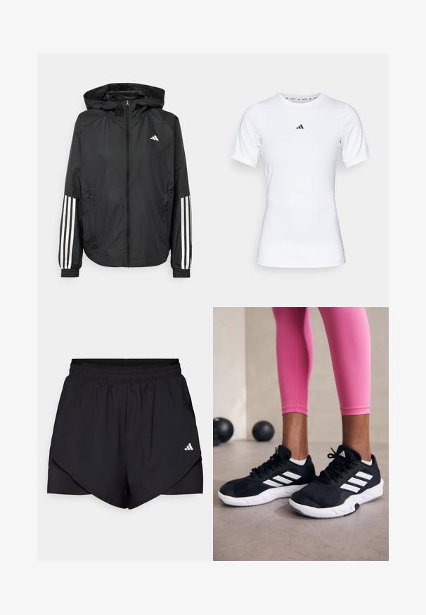 Black lightweight jacket with a hood, featuring a full zip front, elastic cuffs, and white three-stripe accents on sleeves.; White athletic shirt with short sleeves, made of smooth, stretch fabric. Features a small black Adidas logo on the chest.; Black athletic shorts with a layered design, made of lightweight fabric. Features an elastic waistband and a small white logo on the side.; Black athletic shoes with white stripes, textured mesh upper, and a white sole. Worn with pink leggings, showcasing training apparel.