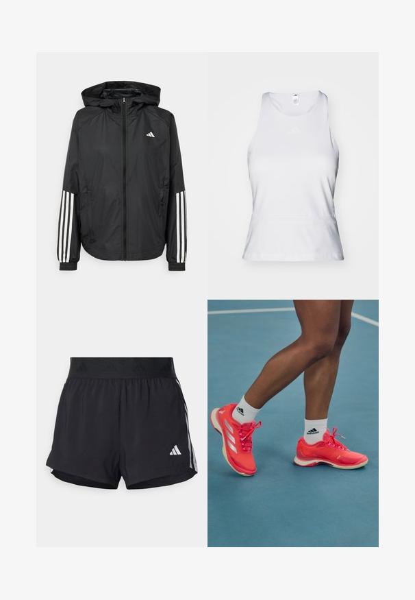 Sort letvægtsjakke med hætte, der har fuld lynlås fortil, elastiske manchetter og hvide tre-stribede detaljer på ærmerne.; Hvid ærmeløs atletisk top med rund hals, glat tekstur og subtilt tonal logo på brystet. Rette søm ved taljen.; Sorte sport shorts med elastisk talje, der har et tekstureret bånd, sidestreger og et hvidt Adidas-logo på den nederste kant.; Lyse pink sportssko med hvide detaljer og snørebånd, der har en glat overflade og gummisål, båret med hvide Adidas sokker.