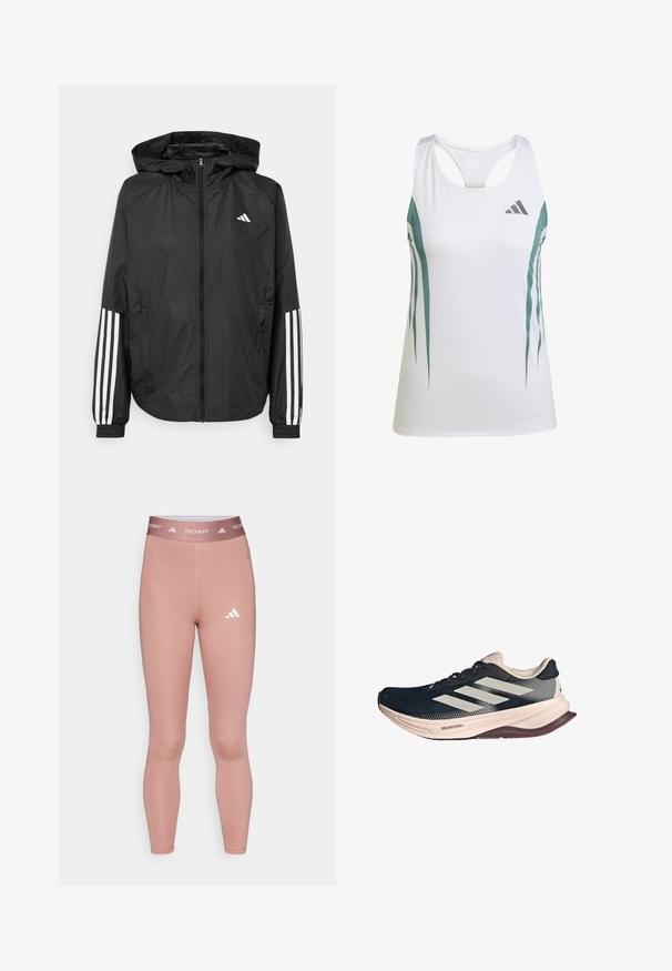 Giacca leggera nera con cappuccio, caratterizzata da una zip frontale completa, polsini elastici e accenti bianchi a tre strisce sulle maniche.; Canotta atletica bianca con dettagli turchesi e un motivo geometrico. Presenta un design a schiena scoperta e un tessuto leggero e testurizzato.; Leggings Techfit di colore rosa pallido, realizzati in materiale elastico, con un design aderente e un logo bianco sulla gamba inferiore e sulla vita.; Scarpa da corsa con tomaia in rete blu scuro, suola beige chiaro e design a tre strisce bianche. Presenta una forma slanciata e aerodinamica e accenti testurizzati.