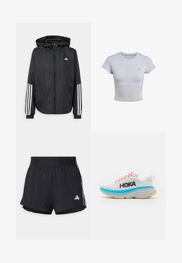 Černá lehká bunda s kapucí, která má plný zip vpředu, elastické manžety a bílé třípruhové akcenty na rukávech.; adidas Performance Sportovní tričko - halo silver grey; Černé sportovní šortky s elastickým pasem, s texturovaným páskem, bočními pruhy a bílým logem Adidas na dolním lemu.; HOKA BONDI 8 - Silniční běžecké boty - blanc de blanc/swim day