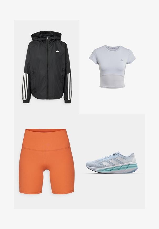 Chaqueta ligera negra con capucha, que cuenta con un cierre frontal de cremallera completa, puños elásticos y acentos blancos de tres rayas en las mangas.; adidas Performance Camiseta deportiva - halo silver grey; Pantalones cortos deportivos naranjas hechos de un material suave y elástico. Cintura alta con detalles de costura a lo largo de las costuras. Largo hasta medio muslo.; Zapatillas deportivas azul claro con un upper de punto texturizado, acentos blancos y una suela intermedia verde transparente. Punta redondeada y cuello acolchado.