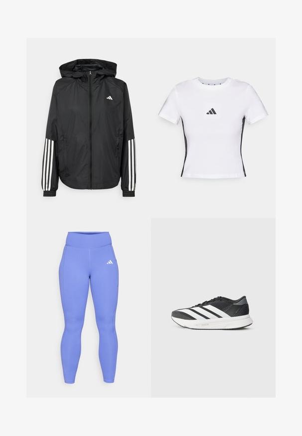 Jachetă ușoară neagră cu glugă, cu fermoar pe întreaga lungime, manșete elastice și accente albe cu trei dungi pe mâneci.; Tricou alb cu mânecă scurtă realizat din bumbac, prezentând un logo Adidas negru într-un patch pătrat și accente laterale negre. Guler clasic de tip crew.; Legginsuri mov cu nervuri, confecționate dintr-un material elastic, având o talie înaltă și un mic logo alb pe coapsa superioară.; Shoe athletic negru cu fâșii albe, partea superioară din plasă, talpă amortizată și un design elegant. Accente de gri pe călcâi și limbă.