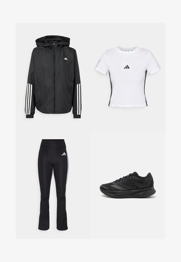 Black lightweight jacket with a hood, featuring a full zip front, elastic cuffs, and white three-stripe accents on sleeves.; White short-sleeve t-shirt made from cotton, featuring a black Adidas logo in a square patch and black side accents. Classic crew neckline.; Black athletic pants with a high waistband, flared leg design, and white side stripes. Features the Adidas logo on the left thigh.; Black running shoe with a breathable mesh upper, rounded toe, sleek design, textured accents, and a cushioned sole for comfort.