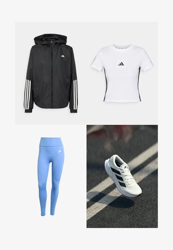 Veste légère noire avec capuche, dotée d'une fermeture à glissière intégrale, de poignets élastiques et d'accents blancs à trois rayures sur les manches.; T-shirt blanc à manches courtes en coton, avec un logo Adidas noir dans un patch carré et des accents latéraux noirs. Col rond classique.; Leggings de sport bleus en tissu extensible. Conception taille haute, avec un logo Adidas blanc sur le côté gauche. Texture lisse.; Chaussure de course blanche avec une tige texturée, design à trois rayures noires, col rembourré et semelle légère, positionnée en plein air au-dessus d'une surface routière.