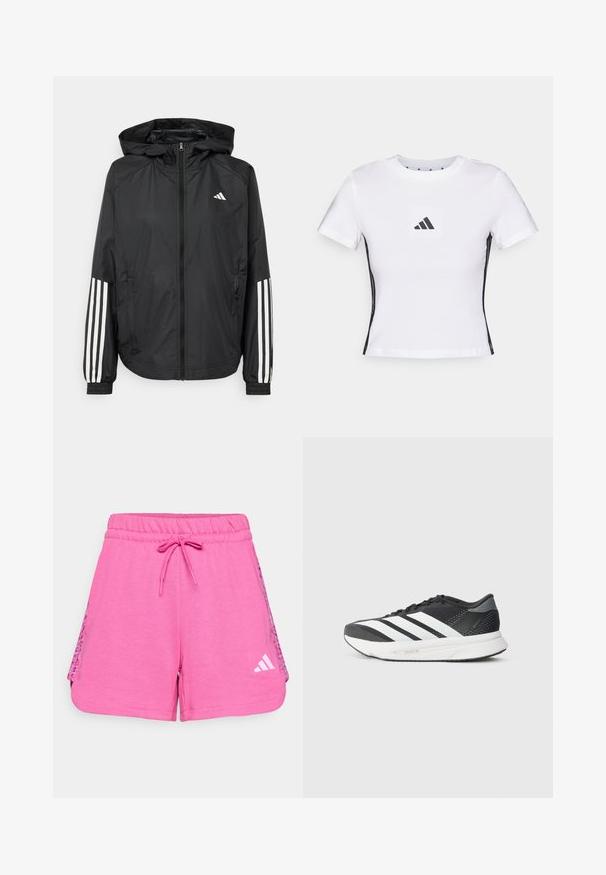 Mustikas kerge jope kapuutsiga, eesmise täispika zipiga, elastsete varrukate ja valgete kolme triibu aktsentidega varrukatel.; Valge lühikeste varrukatega t-särk, mis on valmistatud puuvillast, musta Adidas-logo ruutpatchi ja mustade külgmiste aktsentidega. Klassikaline ümar kaelus.; Roosa sportlikud lühikesed püksid, mis on valmistatud pehmest kangast, elastse vöökoha ja nööriga, ning ventilatsiooniks on külgedel võrkpaneelid.; Mustvalge sportlik king, millel on valged triibud, võrgusilmast ülemine osa, pehmendusega tald ja voolujooneline disain. Hallid aktsendid kandadel ja keelega.