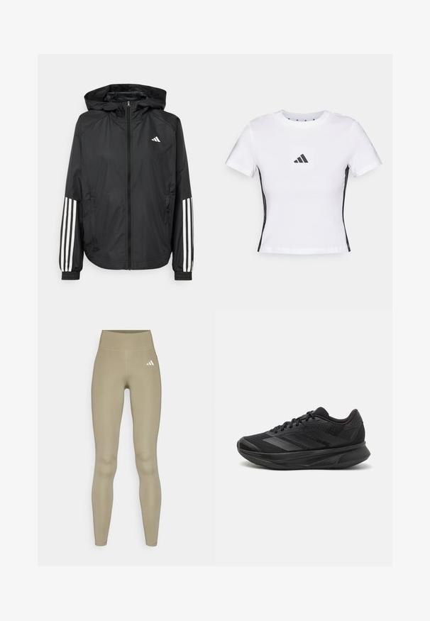 Black lightweight jacket with a hood, featuring a full zip front, elastic cuffs, and white three-stripe accents on sleeves.; White short-sleeve t-shirt made from cotton, featuring a black Adidas logo in a square patch and black side accents. Classic crew neckline.; adidas Performance OPT ESS ST 1/1 - Leggings - silver pebble; Black running shoe with a breathable mesh upper, rounded toe, sleek design, textured accents, and a cushioned sole for comfort.