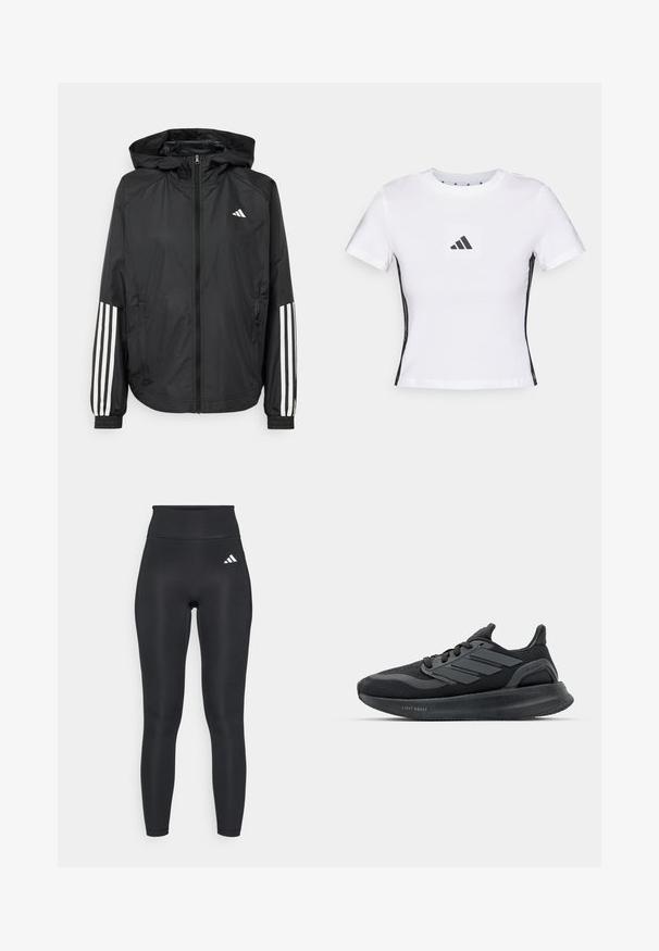 Schwarze, leichte Jacke mit Kapuze, die einen durchgehenden Reißverschluss, elastische Bündchen und weiße dreistreifige Akzente an den Ärmeln aufweist.; Weißes kurzärmliges T-Shirt aus Baumwolle mit einem schwarzen Adidas-Logo auf einem quadratischen Patch und schwarzen Seitenakzenten. Klassische Rundhalslinie.; Schwarze hochtaillierte Sportleggings aus dehnbarem Material, mit einer glatten Textur und einem kleinen weißen Logo in der Nähe des Bundes.; Schwarze Sportschuhe mit einem Obermaterial aus Mesh, strukturierten Paneelen, drei Streifen-Detail und einer gekrümmten Sohle, die mit "LIGHT BOOST" beschriftet ist.