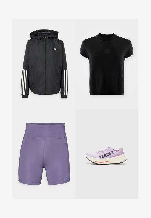 Sort letvægtsjakke med hætte, der har fuld lynlås fortil, elastiske manchetter og hvide tre-stribede detaljer på ærmerne.; Sort kortærmet t-shirt lavet af glat stof. Har en rund halsudskæring og et prægede Adidas-logo på fronten.; Lilla atletiske shorts med høj talje, glat tekstur og kontrasterende blå logo nederst til venstre. Har flade sømme.; Lilla løbesko med åndbart mesh-overdel, fremtrædende "TERREX" logo, hvid mellemsål og sort gummisål med rød accent.