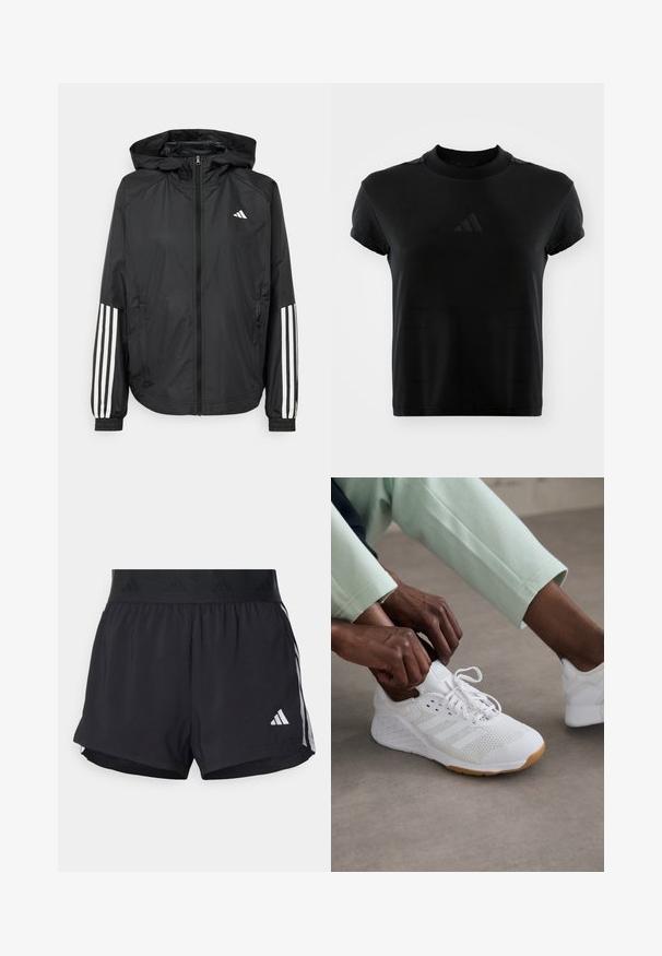 Fekete, könnyű dzseki kapucnival, teljes cipzárral, elasztikus mandzsettákkal és fehér, háromcsíkkal díszített ujjakon.; Fekete, rövid ujjú póló sima anyagból. Kerek nyakú, az elején dombornyomott Adidas logóval.; Fekete sportnadrág rugalmas derékrésszel, texturált szalagon, oldalsó csíkokkal és fehér Adidas logóval az alsó szélén.; Fehér sportcipő hálós felsőrésszel, gumitalppal és három csíkkal. A fűzők állítva vannak; világosszürke és mentazöld ruházat látható.
