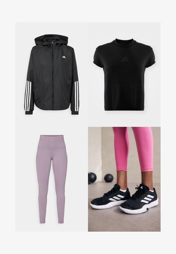 Schwarze, leichte Jacke mit Kapuze, die einen durchgehenden Reißverschluss, elastische Bündchen und weiße dreistreifige Akzente an den Ärmeln aufweist.; Schwarzes T-Shirt mit kurzen Ärmeln aus glattem Stoff. Verfügt über einen runden Halsausschnitt und ein erhabenes Adidas-Logo auf der Vorderseite.; Hochgeschnittene, lavendelfarbene Leggings aus dehnbarem Stoff mit glatter Textur und ohne sichtbare Muster oder Beschläge.; Schwarze Sportschuhe mit weißen Streifen, strukturiertem Mesh-Obermaterial und einer weißen Sohle. Kombiniert mit pinken Leggings, die Trainingsbekleidung zur Schau stellen.