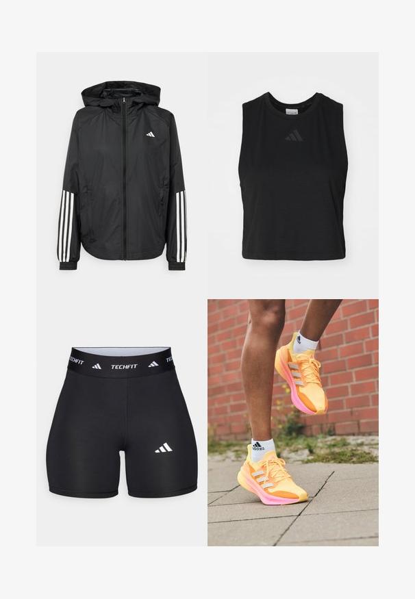 Black lightweight jacket with a hood, featuring a full zip front, elastic cuffs, and white three-stripe accents on sleeves.; Black cropped sleeveless top made from soft fabric, featuring a rounded neckline and a subtle embossed logo on the chest.; Black shorts made from stretchy fabric with a fitted design. Features a wide black waistband labeled "TECHFIT" and a white logo on the leg.; Bright yellow running shoes with pink accents and white stripes, featuring a mesh upper, lightweight design, and textured sole.