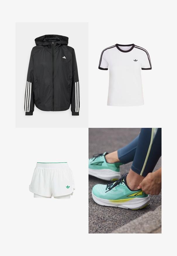 Crna lagana jakna s kapuljačom, s punim zdravo zatvaranjem, elastičnim manžetama i bijelim trostrukim trakama na rukavima.; Bijela kratkotrajna majica s crnim naglascima, ima okrugli izrez i tri crne pruge na svakom ramenu. Mali crni logo na prsima.; Bijele atletske kratke hlače s višeslojnim dizajnom, elastičnim pojasom, zelenim naglascima i malim zelenim logotipom na donjoj lijevoj strani.; Altra EXPERIENCE FLOW - Tenisice za cestovno trčanje - mint