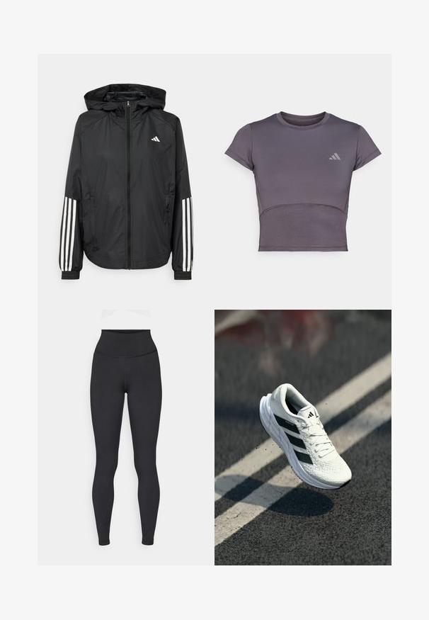 Fekete, könnyű dzseki kapucnival, teljes cipzárral, elasztikus mandzsettákkal és fehér, háromcsíkkal díszített ujjakon.; Rövid ujjú, szürke sportos crop top, illeszkedő fazonnal. Texturált anyag és diszkrét logó az emlőrészen. Sima szövetfelület.; Magas derekú fekete leggingek rugalmas anyagból, sima textúrával és testhezálló dizájnnal, látható logók vagy minták nélkül.; Fehér futócipő texturált felsőrészsel, fekete háromsávos dizájnnal, párnázott nyakkal és könnyű talppal, levegőben helyezkedik el egy útfelület felett.