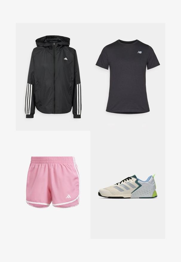 Crna lagana jakna s kapuljačom, s punim zdravo zatvaranjem, elastičnim manžetama i bijelim trostrukim trakama na rukavima.; Crna majica s kratkim rukavima napravljena od mekanog materijala, s malim sivim New Balance logotipom na gornjem lijevom dijelu prsnog koša, klasičnog dizajna s kružnim izrezom.; adidas Performance M20 - Sportske kratke hlače - pink fusion; Lagane atletske cipele s gornjim dijelom od kremaste mreže, sivoj prugama, zelenim akcentom i teksturiranim plavim potporom pete. Crne vezice.