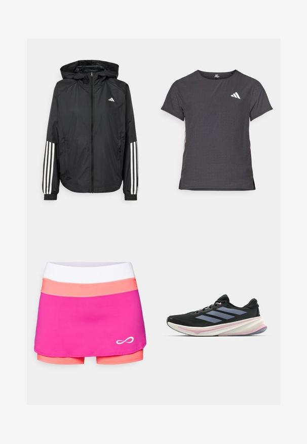 Zwarte lichtgewicht jas met een capuchon, met een volledige ritssluiting aan de voorkant, elastische manchetten en witte accenten met drie strepen op de mouwen.; Korte mouwen sport t-shirt, donkergrijs met geperforeerde textuur. Bevat een wit logo en contrasterende zijstrepen. Ronde halslijn.; Endless SKIRT RACE - Rokken - deep fucsia; Zwarte sportschoenen met een bovenwerk van mesh, met grijze strepen, een witte tussenzool met roze accenten en een gestructureerde buitenzool.
