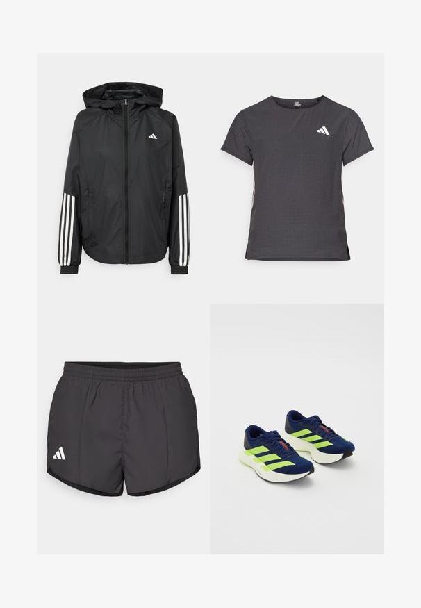 Jachetă ușoară neagră cu glugă, cu fermoar pe întreaga lungime, manșete elastice și accente albe cu trei dungi pe mâneci.; Tricou athletic cu mânecă scurtă, gri închis, cu textură perforată. Prezentă un logo alb și dungi contrastante pe laterale. Guler rotunjit.; Pantaloni scurți atletici negri, confecționați dintr-un material ușor, cu un brâu elastic și un logo alb Adidas pe partea stângă jos.; Pantofi de alergare bleu marin cu dungi neon verzi, suprafață texturată, talpă albă cu amortizare, design cu sireturi și accent roșu pe limbă.