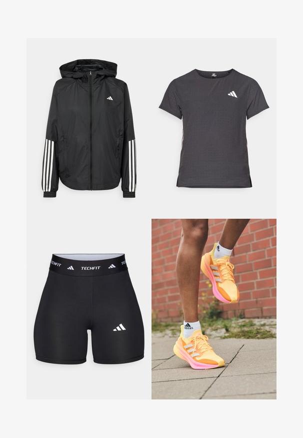Čierna ľahká bunda s kapucňou, s celoprsným zipsom, elastickými manžetami a bielymi trojprúžkovými akcentmi na rukávoch.; Tričko s krátkym rukávom pre šport, tmavosivé s perforovanou textúrou. Obsahuje biele logo a kontrastné bočné pruhy. Okrúhly výstrih.; Čierne nohavice z elastického materiálu s priliehavým strihom. Majú široký čierny pás s nápisom "TECHFIT" a bielym logom na nohe.; Jasné žlté bežecké topánky s ružovými akcentmi a bielymi pruhmi, s vrchnou časťou z mäkkej sieťoviny, ľahkým dizajnom a textúrovanou podrážkou.