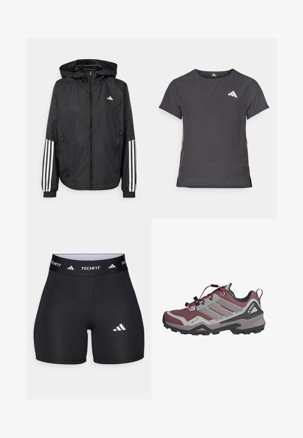 Casaco leve preto com capuz, apresentando um fecho de correr na frente, punhos elásticos e detalhes em branco com três riscas nas mangas.; T-shirt atlético de mangas curtas, cinza escuro com textura perfurada. Apresenta um logo branco e riscas laterais contrastantes. Decote arredondado.; Calções pretos feitos de um tecido elástico com um design ajustado. Apresentam uma ampla faixa na cintura preta rotulada como "TECHFIT" e um logótipo branco na perna.; Shoe de hiking leve com uma parte superior em malha cinza e burgundy, acentos vermelhos, logo GORE-TEX e sola de borracha preta robusta para tração.