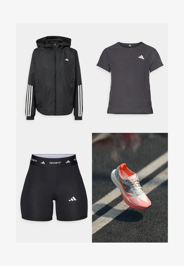 Casaco leve preto com capuz, apresentando um fecho de correr na frente, punhos elásticos e detalhes em branco com três riscas nas mangas.; T-shirt atlético de mangas curtas, cinza escuro com textura perfurada. Apresenta um logo branco e riscas laterais contrastantes. Decote arredondado.; Calções pretos feitos de um tecido elástico com um design ajustado. Apresentam uma ampla faixa na cintura preta rotulada como "TECHFIT" e um logótipo branco na perna.; Sapatilha de corrida com parte superior branca e rosa, apresentando uma textura em malha, detalhes refletivos e uma sola almofadada. Design leve para desempenho.