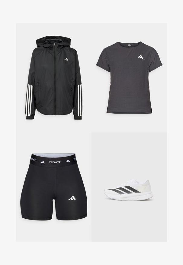 Jachetă ușoară neagră cu glugă, cu fermoar pe întreaga lungime, manșete elastice și accente albe cu trei dungi pe mâneci.; Tricou athletic cu mânecă scurtă, gri închis, cu textură perforată. Prezentă un logo alb și dungi contrastante pe laterale. Guler rotunjit.; Scurturi negre dintr-un material elastic, cu un design ajustat. Dispun de un brâu lat negru, inscripționat cu "TECHFIT" și un logo alb pe picior.; Săptămână albă de sport cu dungi diagonale negre, partea superioară din plasă, vârf rotunjit și talpă texturată. Accentele includ un toc argintiu și un design minimalism.