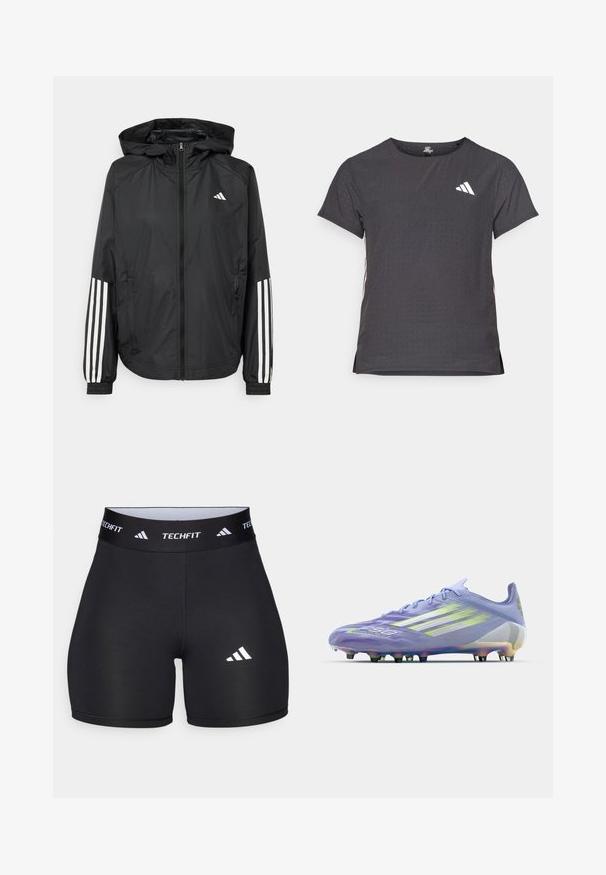 Melnā vieglā jaka ar kapuci, ar pilnu rāvējslēdzēju priekšā, elastīgām aprocēm un baltām trīs svītru akcentiem uz piedurknēm.; Īsām piedurkņu sporta T-krekls, tumši pelēks ar perforētu tekstūru. Iespējots ar baltu logotipu un kontrastējošām sānu svītrām. Apaļa kakla izgriezums.; Melnas šortus, izgatavotus no elastīga auduma, ar pieguļošu dizainu. Iezīmēts ar plašu melnu jostasvietu, uz kuras ir uzraksts "TECHFIT", un ar baltu logotipu uz kājas.; Gaiši violets futbols zābaki ar iridiscējošām akcentiem, teksturēta virsma, seši melni uzgaļi un trīs baltas svītras sānos.