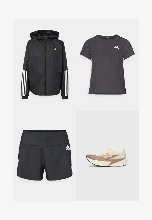 Black lightweight jacket with a hood, featuring a full zip front, elastic cuffs, and white three-stripe accents on sleeves.; Short-sleeve athletic t-shirt, dark gray with perforated texture. Features a white logo and contrasting side stripes. Rounded neckline.; Black athletic shorts featuring a wide elastic waistband, lightweight fabric, and white logo accents on the lower side.; Running shoe with a cream upper, pink accents, and gray details. Features a thick sole with a textured surface and prominent logo.