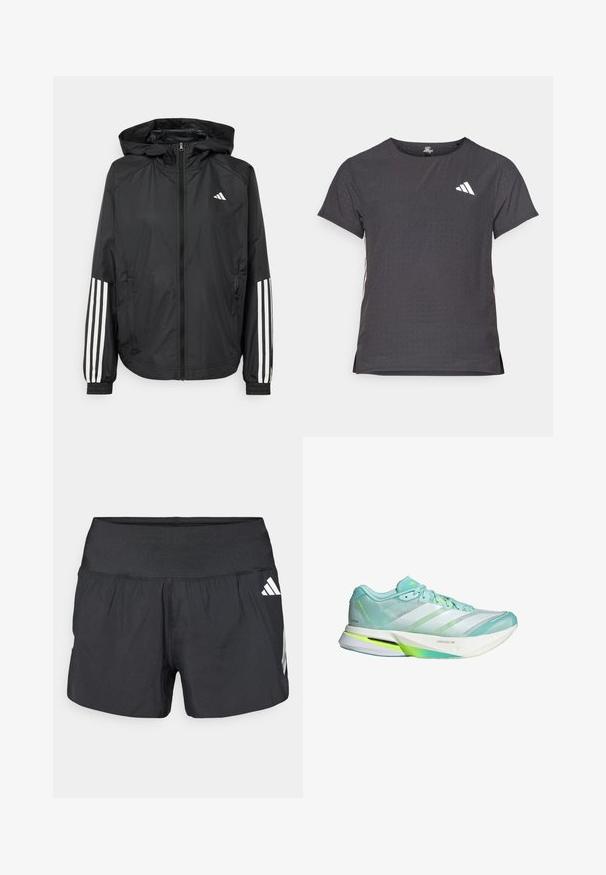 Schwarze, leichte Jacke mit Kapuze, die einen durchgehenden Reißverschluss, elastische Bündchen und weiße dreistreifige Akzente an den Ärmeln aufweist.; Kurze Ärmel Sport-T-Shirt, dunkelgrau mit durchbrochener Textur. Enthält ein weißes Logo und kontrastierende Seitenstreifen. Runder Ausschnitt.; Schwarze Sportshorts mit einem breiten elastischen Bund, leichtem Stoff und weißen Logoakzenten an der unteren Seite.; Leichte Laufschuhe in Mintgrün und Weiß, mit atmungsaktivem Obermaterial und flexibler Sohle. Verfügt über drei Streifen und eine strukturierte Fersenpartie.