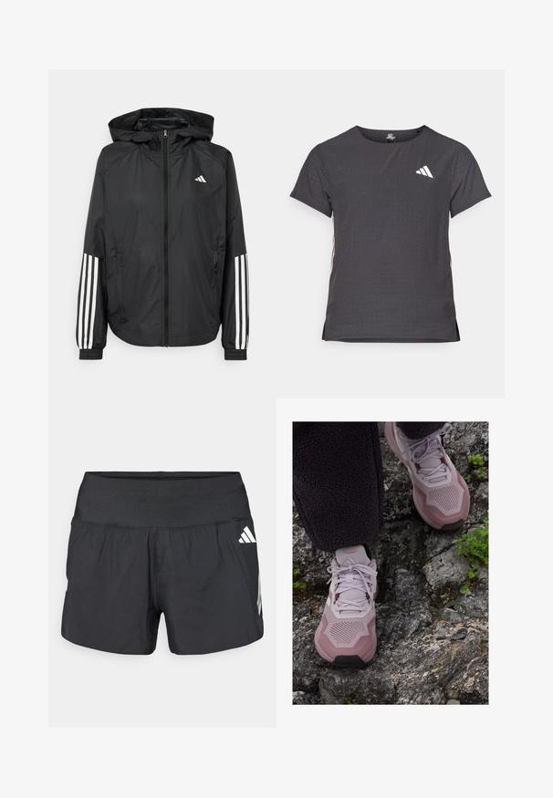 Black lightweight jacket with a hood, featuring a full zip front, elastic cuffs, and white three-stripe accents on sleeves.; Short-sleeve athletic t-shirt, dark gray with perforated texture. Features a white logo and contrasting side stripes. Rounded neckline.; Black athletic shorts featuring a wide elastic waistband, lightweight fabric, and white logo accents on the lower side.; Light purple athletic shoes with a textured mesh upper, reinforced toe, and rubber outsole, positioned on rocky terrain with green accents.