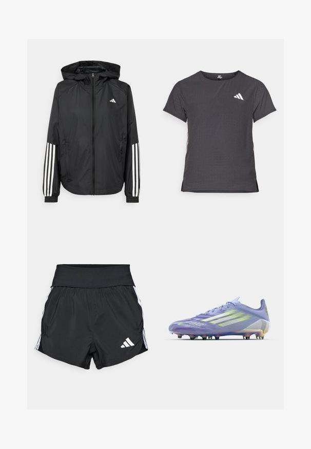 Musta kevyt takki hupparilla, jossa on täysipitkä vetoketju, elastiset hihansuut ja valkoiset kolmonauha-tyyliset yksityiskohdat hihoissa.; Lyhythihainen urheilupaita, tummanharmaa, jossa on reikäkudot. Ominaisuuksina valkoinen logo ja kontrastiväriset sivusuunnat. Pyöreä pääntie.; Mustat urheilushortsit, jotka on valmistettu kevyestä materiaalista. Niissä on leveä vyötärönauha, valkoiset sivuraitat ja pieni valkoinen logo alahelmassa.; Vaaleanlila jalkapallokengä, jossa on hohtavat yksityiskohdat, pintarakenteellinen kuvio, kuusi mustaa nastaa ja kolme valkoista raitaa sivussa.