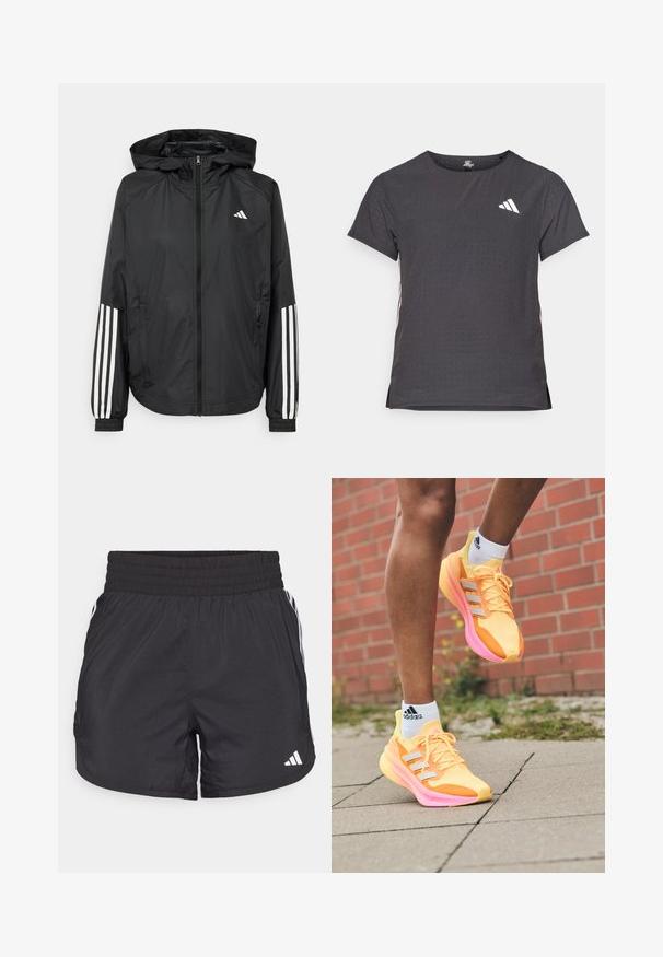 Sort letvægtsjakke med hætte, der har fuld lynlås fortil, elastiske manchetter og hvide tre-stribede detaljer på ærmerne.; Kortærmet atletisk t-shirt, mørkegrå med perforeret tekstur. Har et hvidt logo og kontrastfarvede sidelister. Rundet halsudskæring.; Sorte atletiske shorts med elastisk talje, sidelommer og hvid stribeaccent på siderne. Fremstillet af letvægtsmateriale.; Lysestegne gule løbesko med pink detaljer og hvide striber, der har en mesh-overdel, letvægtsdesign og tekstureret sål.