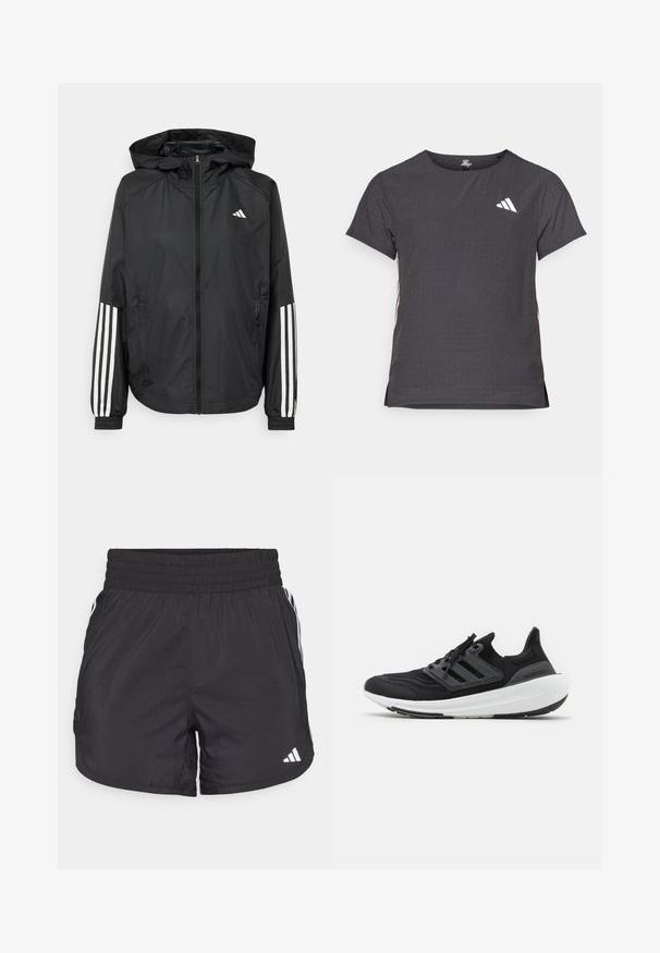 Mustikas kerge jope kapuutsiga, eesmise täispika zipiga, elastsete varrukate ja valgete kolme triibu aktsentidega varrukatel.; Lühikese varrukaga sportlik T-särk, tumehall, perforatsiooni tekstuuriga. Omab valget logo ja kontrastset külgtriipu. Ümar kaelus.; Mustad mustriga mustad sportlikud lühikesed püksid elastse värviga, küljetaskud ja valged triibud külgedel. Valmistatud kerge materjali sisu.; Mustad musti spordijalatsid kudumisega ülaserv, hallide kolmestriibuliste aktsentidega ja paks valge tallaga, millel on tekstureeritud must välispind.