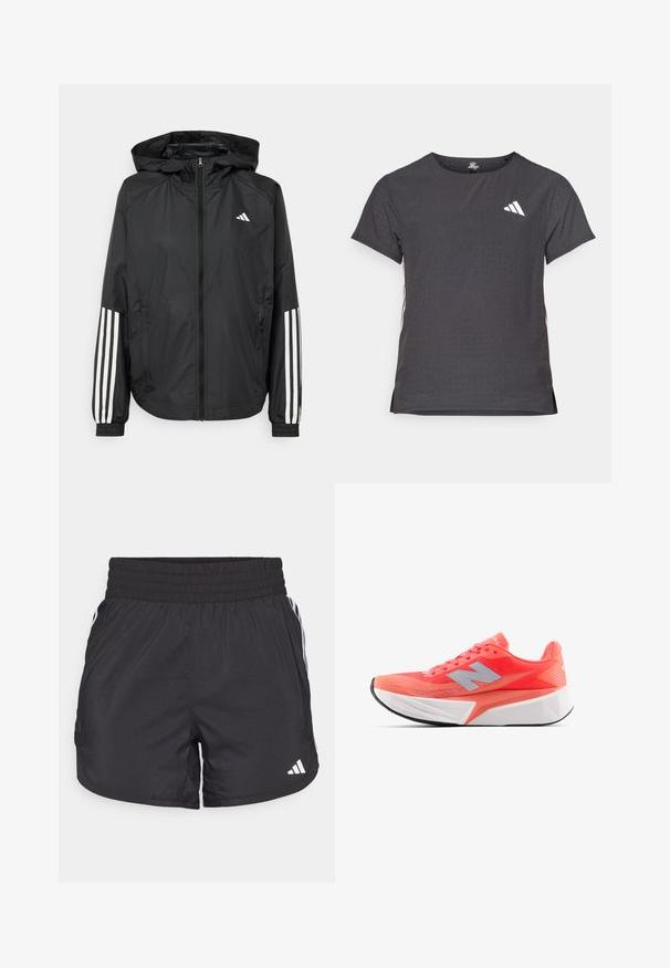 Jachetă ușoară neagră cu glugă, cu fermoar pe întreaga lungime, manșete elastice și accente albe cu trei dungi pe mâneci.; Tricou athletic cu mânecă scurtă, gri închis, cu textură perforată. Prezentă un logo alb și dungi contrastante pe laterale. Guler rotunjit.; Șorturi atletice negre, cu talie elastică, buzunare laterale și accente albe pe laterale. Fabricate dintr-un material ușor.; Pantofii de alergare ușori în corai strălucitor, cu partea superioară din plasă și logo argintiu. Talpa intermediară albă texturată deosebită și talpa din cauciuc negru.