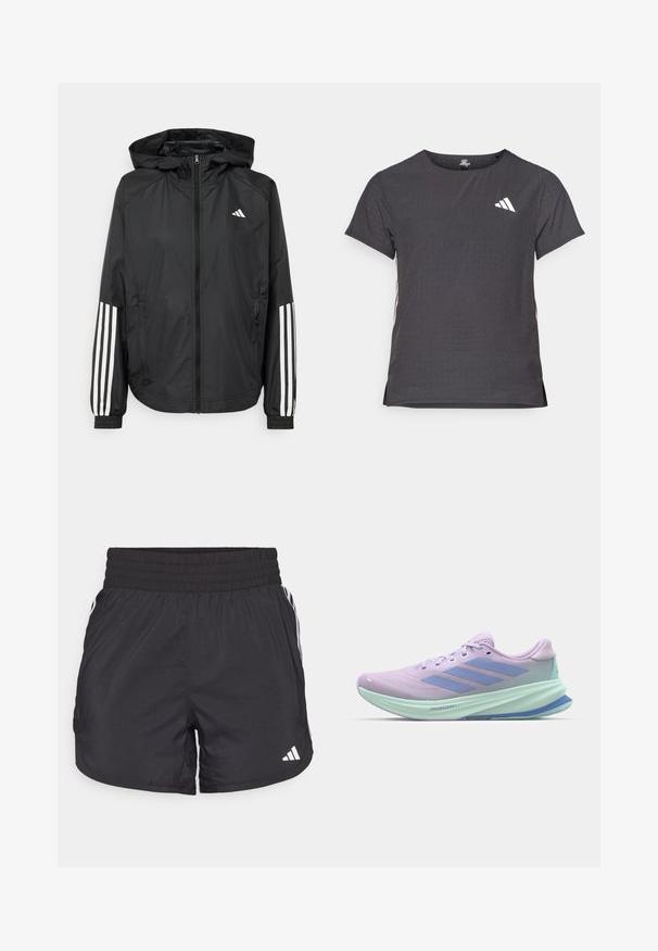 Zwarte lichtgewicht jas met een capuchon, met een volledige ritssluiting aan de voorkant, elastische manchetten en witte accenten met drie strepen op de mouwen.; Korte mouwen sport t-shirt, donkergrijs met geperforeerde textuur. Bevat een wit logo en contrasterende zijstrepen. Ronde halslijn.; Zwarte sportieve shorts met een elastische tailleband, zijzakken en witte streepaccenten aan de zijkanten. Gemaakt van lichtgewicht materiaal.; Paarse hardloopschoen met ademend mesh bovenwerk, voorzien van lichtblauwe accenten en een drie-stripes logo. Lichtgewicht, met een comfortabele zoolontwerp.