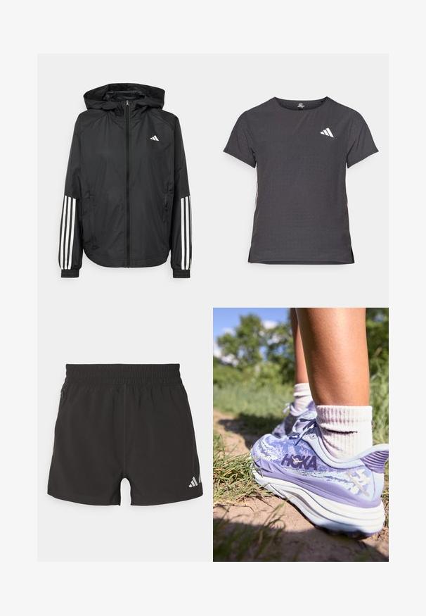 Musta kevyt takki hupparilla, jossa on täysipitkä vetoketju, elastiset hihansuut ja valkoiset kolmonauha-tyyliset yksityiskohdat hihoissa.; Lyhythihainen urheilupaita, tummanharmaa, jossa on reikäkudot. Ominaisuuksina valkoinen logo ja kontrastiväriset sivusuunnat. Pyöreä pääntie.; Mustat urheilushortsit, jotka on valmistettu kevyestä materiaalista. Niissä on joustava vyötärönauha, sivutasku vetoketjulla ja heijastava logo hemmassa.; HOKA STINSON 7 - Maastojuoksukengät - cosmic sky/meteor