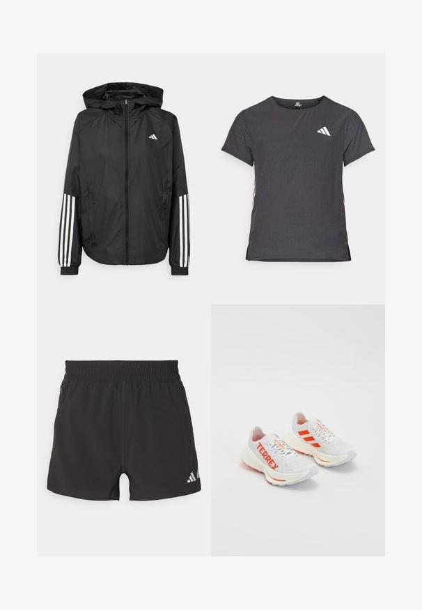 Fekete, könnyű dzseki kapucnival, teljes cipzárral, elasztikus mandzsettákkal és fehér, háromcsíkkal díszített ujjakon.; Rövid ujjú sport póló, sötétszürke perforált textúrával. Fehér logóval és kontrasztos oldalsávokkal rendelkezik. Kerek nyakkal.; Fekete sportnadrág, könnyű anyagból készült. Rugalmas derékrésszel, oldalsó cipzáros zsebbel és fényvisszaverő logóval rendelkezik az alján.; Fehér futócipők narancssárga kiegészítőkkel. Hálós anyag, lekerekített orr, és vastag középtalpa. "TERREX" felirat a laterális oldalon és három csík a sarokrészen.