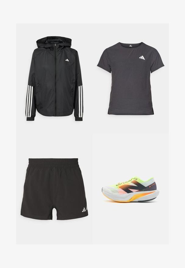 Chaqueta ligera negra con capucha, que cuenta con un cierre frontal de cremallera completa, puños elásticos y acentos blancos de tres rayas en las mangas.; Camiseta atlética de manga corta, gris oscuro con textura perforada. Presenta un logo blanco y rayas laterales en contraste. Escote redondeado.; Pantalones cortos deportivos negros de tejido ligero. Cuentan con una cinturilla elástica, un bolsillo lateral con cremallera y un logotipo reflectante en el dobladillo.; New Balance FUELCELL REBEL V4 - Zapatillas running asfalto - white