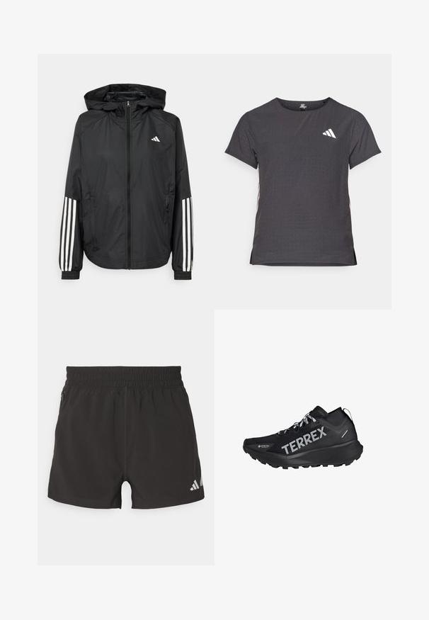 Black lightweight jacket with a hood, featuring a full zip front, elastic cuffs, and white three-stripe accents on sleeves.; Short-sleeve athletic t-shirt, dark gray with perforated texture. Features a white logo and contrasting side stripes. Rounded neckline.; Black athletic shorts made of lightweight fabric. Features an elastic waistband, side zipper pocket, and a reflective logo on the hem.; Black athletic shoe with a textured upper, featuring "TERREX" branding, lace closure, and a rugged outsole for traction.