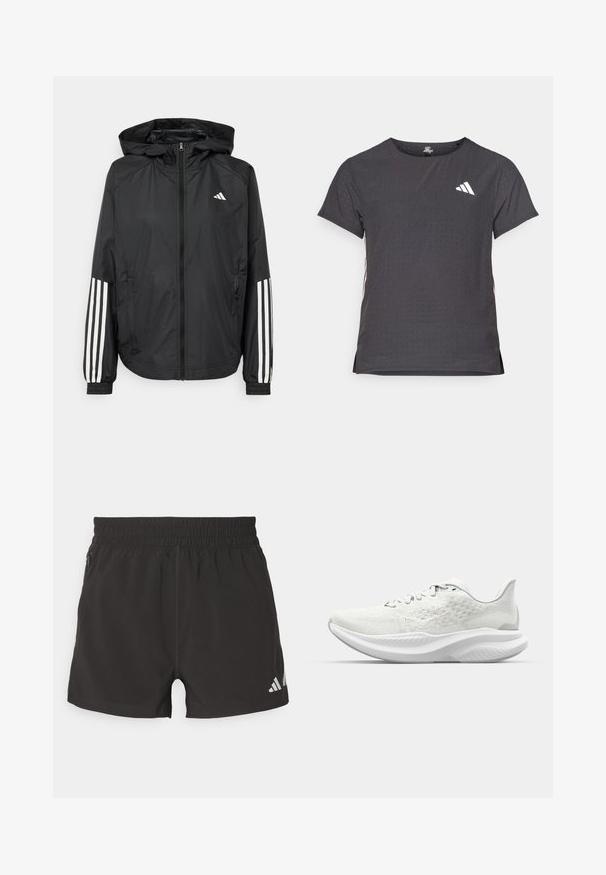 Svart lätt jacka med huva, som har full dragkedja framtill, elastiska ärmslut och vita tre-stripes accenter på ärmarna.; Kortärmad atletisk t-shirt, mörkgrå med perforerad textur. Har en vit logotyp och kontrasterande sidostripes. Rundad halsringning.; Svarta sportshorts i lättviktigt material. Har elastisk midja, sidofickor med dragkedja och en reflekterande logotyp på fållen.; Vita sportskor med en texturerad ovandel, snörningsdesign och en vadderad sula med en vågformad profil. Diskret logotyp på sidan.