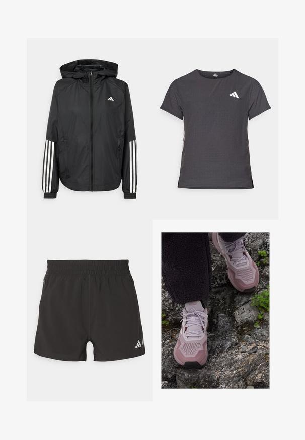 Svart lätt jacka med huva, som har full dragkedja framtill, elastiska ärmslut och vita tre-stripes accenter på ärmarna.; Kortärmad atletisk t-shirt, mörkgrå med perforerad textur. Har en vit logotyp och kontrasterande sidostripes. Rundad halsringning.; Svarta sportshorts i lättviktigt material. Har elastisk midja, sidofickor med dragkedja och en reflekterande logotyp på fållen.; Ljust lila sportskor med en texturerad mesh-övre del, förstärkt tå och gummisula, placerade på stenig terräng med gröna accenter.