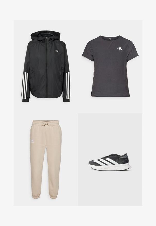 Melnā vieglā jaka ar kapuci, ar pilnu rāvējslēdzēju priekšā, elastīgām aprocēm un baltām trīs svītru akcentiem uz piedurknēm.; Īsām piedurkņu sporta T-krekls, tumši pelēks ar perforētu tekstūru. Iespējots ar baltu logotipu un kontrastējošām sānu svītrām. Apaļa kakla izgriezums.; Beige sporta bikses, kas izgatavotas no mīkstas auduma, ar elastīgu jostu un auklu, ribotām piedurknēm un mazu logotipu kreisajā augšstilbā.; Melnas sporta kurpes ar baltām strīpām, sieta augšdaļa, mīksta zole un elegants dizains. Pelēki akcenti uz papēža un mēles.