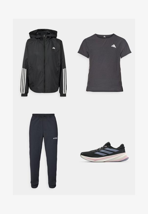 Svart lett jakke med hette, med full glidelås foran, elastiske mansjetter og hvite tre-stripes detaljer på ermene.; Kortermet treningstrøye, mørkegrå med perforert tekstur. Har en hvit logo og kontrasterende side-striper. Rund halslinje.; Sorte treningbukser laget av glatt stoff, med elastisk midjebånd, avsmalnende ben og en liten hvit logo på venstre lår.; Svart løpesko med mesh-overdel, lyse lilla detaljer og tre horisontale grå striper. Har en polstret såle for komfort.
