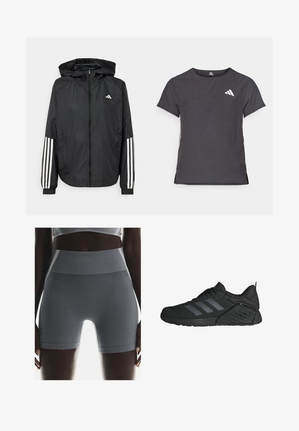 Black lightweight jacket with a hood, featuring a full zip front, elastic cuffs, and white three-stripe accents on sleeves.; Short-sleeve athletic t-shirt, dark gray with perforated texture. Features a white logo and contrasting side stripes. Rounded neckline.; Gray ribbed athletic shorts feature a high waistband, a smooth texture, and a fitted shape, complemented by a small brand label on the side.; Black athletic shoes with a mesh upper, featuring three gray stripes, a textured midsole, and a rubber outsole with a unique pattern.