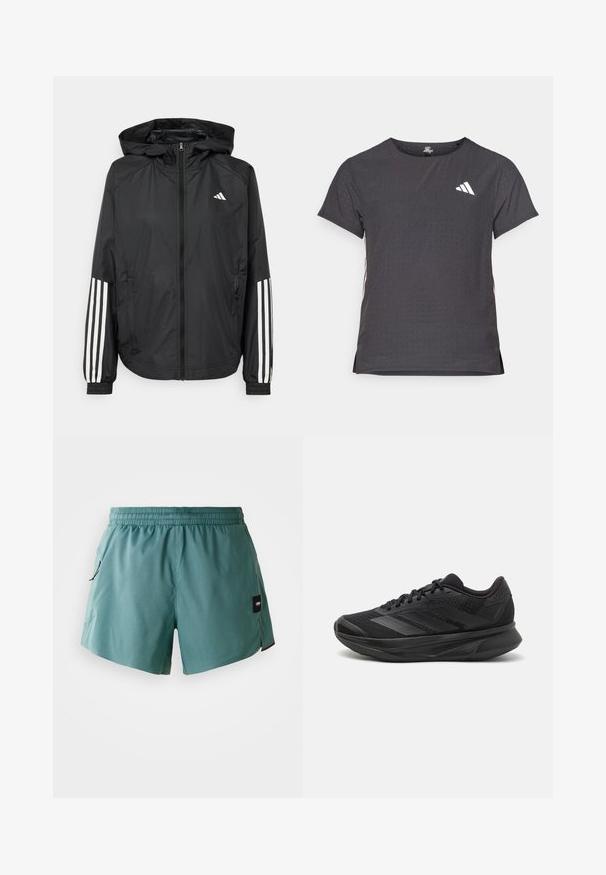 Casaco leve preto com capuz, apresentando um fecho de correr na frente, punhos elásticos e detalhes em branco com três riscas nas mangas.; T-shirt atlético de mangas curtas, cinza escuro com textura perfurada. Apresenta um logo branco e riscas laterais contrastantes. Decote arredondado.; Calções de cor aquamarinha feitos de tecido leve, com um cós elástico, bolsos laterais e uma etiqueta no lado esquerdo.; Sapatilha de corrida preta com parte superior em malha respirável, bico arredondado, design elegante, detalhes texturizados e sola acolchoada para conforto.