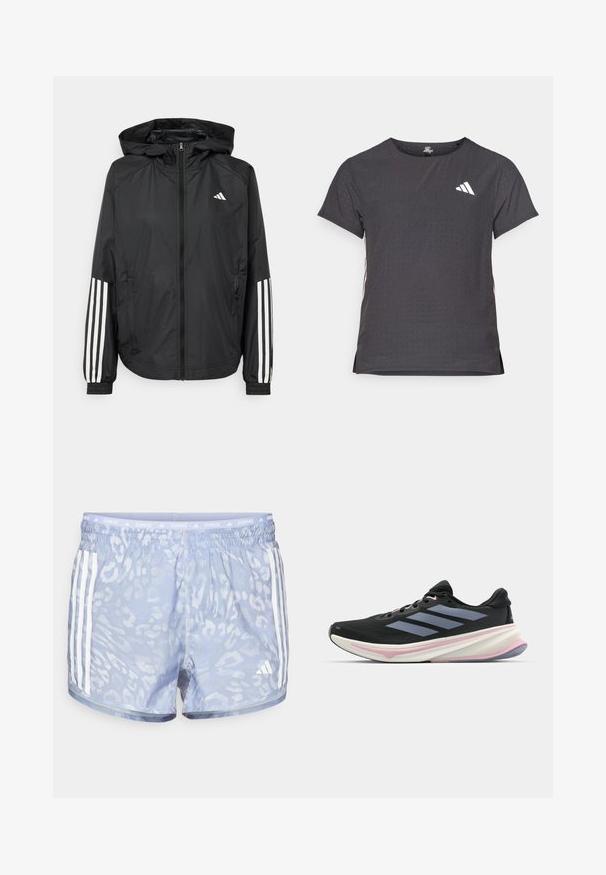 Chaqueta ligera negra con capucha, que cuenta con un cierre frontal de cremallera completa, puños elásticos y acentos blancos de tres rayas en las mangas.; Camiseta atlética de manga corta, gris oscuro con textura perforada. Presenta un logo blanco y rayas laterales en contraste. Escote redondeado.; Pantalones cortos de correr en un azul claro con un sutil estampado de leopardo, cintura elástica y tres rayas blancas a cada lado.; Zapatilla de correr negra con parte superior de malla, acentos en púrpura claro y tres franjas grises horizontales. Cuenta con una suela acolchada para mayor comodidad.