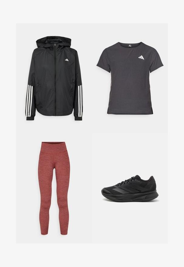 Černá lehká bunda s kapucí, která má plný zip vpředu, elastické manžety a bílé třípruhové akcenty na rukávech.; Kraťasový sportovní tričko, tmavě šedé barvy s perforovanou texturou. Obsahuje bílé logo a kontrastní boční pruhy. Kulatý výstřih.; Vysoké legíny s texturovanou, vínovou látkou. Mají bezešvý design s přiléhavým střihem a bez viditelného hardwaru.; Černé běžecké boty s prodyšným síťovaným svrškem, kulatou špičkou, elegantním designem, texturovanými detaily a polstrovanou podrážkou pro pohodlí.
